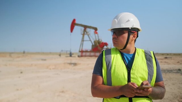 hispanic male technician checking mobile data on phone by pumpjack, wearing white hardhat and neon vest, focused on readings and maintenance schedule at remote oil production pad under clear sky