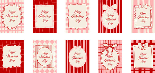 Valentines day greeting card set with red pink frames bows striped backgrounds and vintage romantic typography designs © thebeststocker