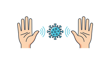 Illustration showing human hands interacting with virus particles representing transmission risks and health safety measures.