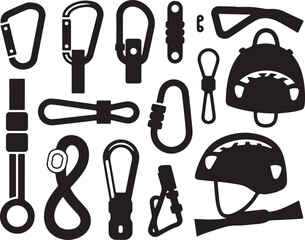 Fototapeta premium Collection of Climbing and Mountaineering Equipment Essential Gear Tools Safety Elements for Rock Climbing Isolated Vector Illustration