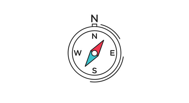 Simple circular compass illustration with cardinal directions and a red and blue needle used for finding way and orientation.