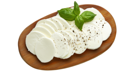Mozzarella cheese board basil leaves platter dairy food