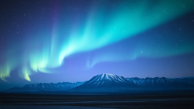A majestic landscape under a starry night sky with flowing curtains of green and purple aurora over a mountain range.