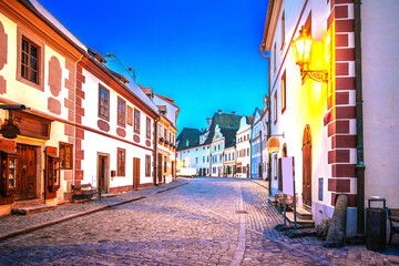 Cesky Krumlov,  Scenic colorful street of old town of Cesky Krumlov, South Bohemian Region