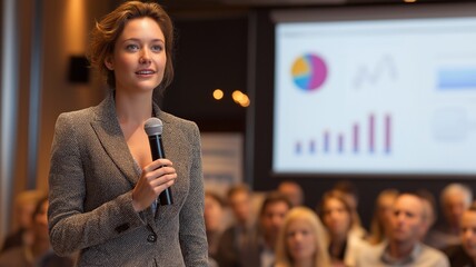 At an event, a woman in a suit makes an inspiring business pitch while displaying performance figures on the screen.