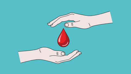 Hands donating blood drop illustration healthcare charity concept medical support lifesaving aid isolated blue background vector design