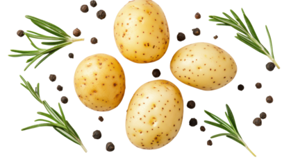 Fresh young potatoes, aromatic rosemary, black peppercorns. Raw ingredients, cooking essentials