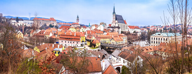 Obraz premium Czechia. Town of Cesky Krumlov and Vltava river panoramic view. South Bohemian Region