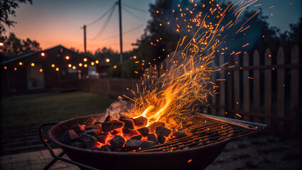 Bbq Grill - Embers Or Barbecue In Motion With Flames And Jumping Coal With Abstract Sparks - Fire On Charcoal In Night