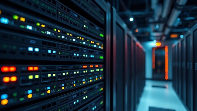 Network server rack with blinking lights, highlighting modern data center infrastructure. - Powered by Adobe