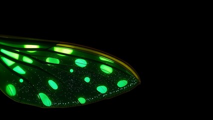 A microscopic view of a bioluminescent mosquito wing, glowing with intricate patterns in darkness.