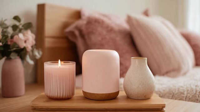 Cozy bedroom decor featuring a lit candle aroma diffuser and vase on a wooden tray set in soft pink and neutral tones for a relaxing home interior