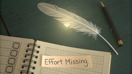 Glowing feather hovering above a notebook with handwritten message