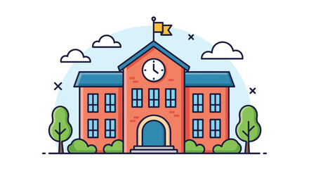 Fototapeta premium School building illustration with a red brick facade clock and flag set against a cloudy blue sky background.
