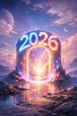 Archway with 2026 numbers glowing over a mystical landscape