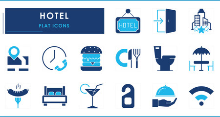 A set of flat icons related to Hotel. Room, food, service, call, toilet, star, location, sign, and so on.