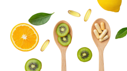 Healthy fruits and supplements, vitamin C, dietary intake, wellness concept