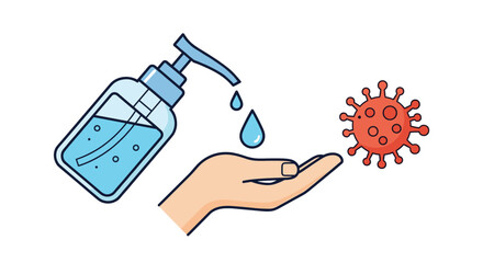 Hand hygiene illustration showing a sanitizer dispenser pump bottle being used to kill red virus particles effectively.