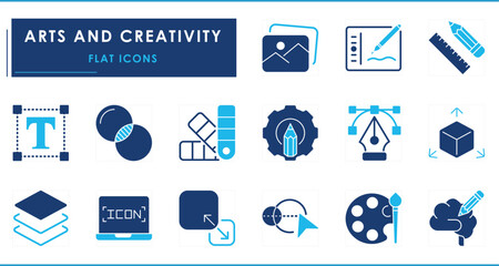 A set of flat icons related to Graphic Design. Graphic, digital art, graphical tablet, tools, scale, pencil, and so on.