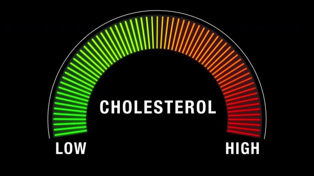 Animated neon Cholesterol gauge meter transitioning from green low to red high, visualizing performance, energy levels, and health measurement indicators.