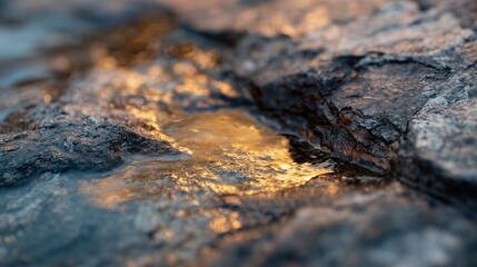 Water flowing over rocks at sunset near a riverbank on a clear evening