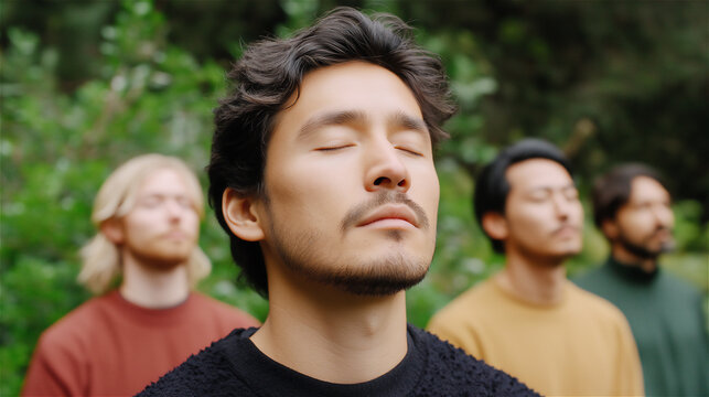 Multiethnic group practicing mindfulness outdoors with eyes closed, calm breathing in nature, concept of meditation, mental health, wellbeing, balance and unity. - Powered by Adobe