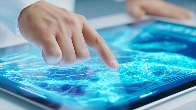 Hand touching futuristic digital interface on tablet, glowing data network and analytics visuals, concept of technology, AI, cybersecurity, innovation, fintech and UX design. - Powered by Adobe