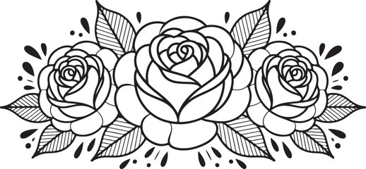 Three beautiful outline rose flowers with leaves and small petals in a row isolated on a transparent background