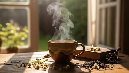 A hot cup of tea sits on a rustic wooden table in a cafe, offering a fresh morning beverage aroma alongside roasted coffee beans and dark espresso for a relaxing breakfast break