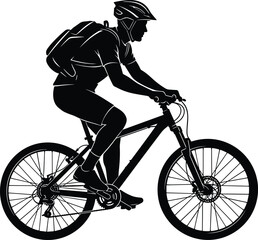 Naklejka premium Black silhouette of active man riding mountain bike with backpack, cyclist in helmet cycling on bicycle, outdoor adventure isolated on white background
