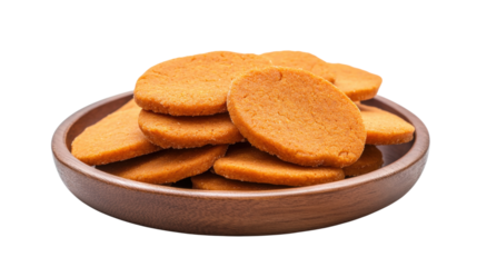 Wooden bowl brimming with numerous round digestive biscuits. Sweet snack food.