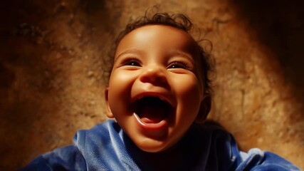 A joyful baby with an infectious smile, radiating happiness and playfulness while wearing a cozy blue outfit, captured in a moment of pure bliss and innocence.