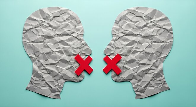 Conceptual image of two crumpled paper human profiles facing each other with red crosses over their mouths symbolizing silence, censorship, or lack of communication