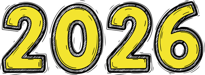 Hand-drawn yellow 2026 numerals. Bold rounded numbers with sketchy outline, playful doodle style New Year typography isolated on transparent background
