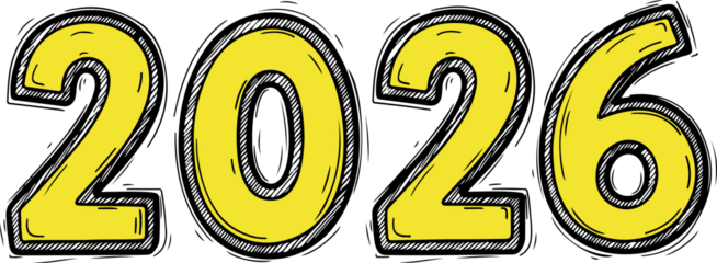 Hand-drawn yellow 2026 numerals. Bold rounded numbers with sketchy outline, playful doodle style New Year typography isolated on transparent background
