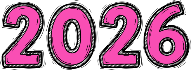 Hand-drawn pink 2026 numerals on transparent background Bold rounded numbers with sketch outline, fun doodle style New Year celebration typography isolated