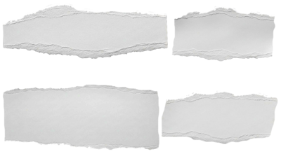 White torn paper strips set. Ripped paper edges, rough textured torn sheets, realistic paper tear elements isolated on transparent background