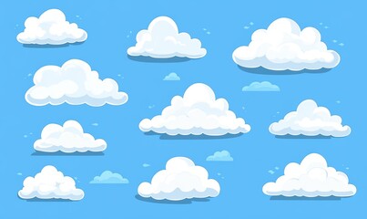 Cute Cartoon Cloud Set on Blue Sky Flat Vector Illustration