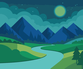 Obraz premium night landscape with mountains river and moon in deep blue and green colors