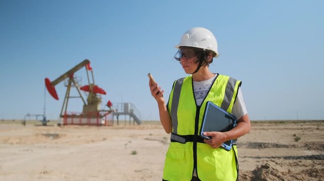 caucasian coordinator speaking on phone while holding folder at oilfield, wearing hardhat and reflective vest, coordinating logistics and crew communication with pumpjack backdrop under hot midday sky