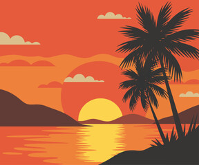 Tropical beach sunset with palm trees and ocean view romantic evening scene with warm colors and calm sea
