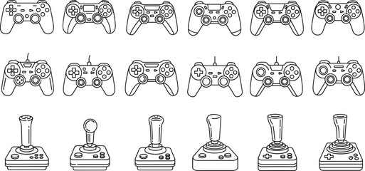 Game controller and joystick outline icon set with console gaming input devices for video game interface design © MdAbdul