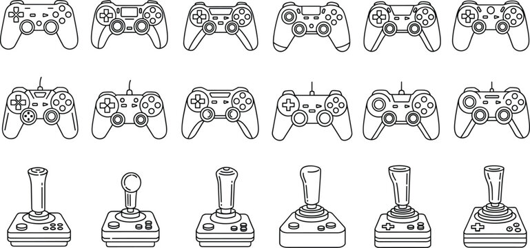 Game controller and joystick outline icon set with console gaming input devices for video game interface design