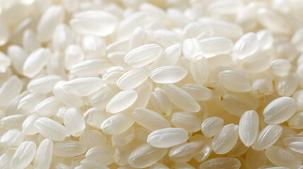 Close-up macro shot of uncooked white rice grains, showing texture and detail. A detailed view of raw, short-grain white rice, highlighting the individual kernels and their subtle translucence.