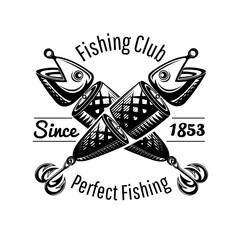 Two Spoon-bait fish crossed on white in engraving style. Fish-Shaped Fishing Lure Design vector monochrome illustration. Emblem for fishing or fishing club on white