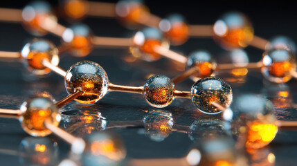 Abstract molecular structure with glowing amber spheres and liquid connections. Close-up view of a chain of interconnected spherical molecules, resembling a scientific or chemical concept with a warm.