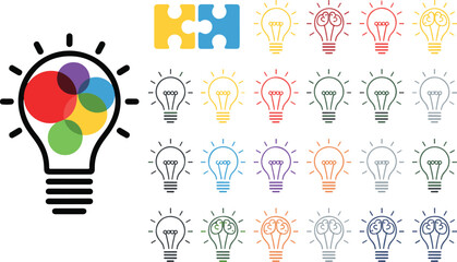 Creative thinking concept with various colored light bulbs and brain icons, representing ideas, innovation, and problem solving