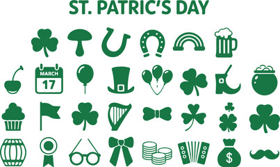 Naklejka premium St patrick's day vector icon set, featuring shamrocks, leprechaun hat, pot of gold, and other festive Irish symbols