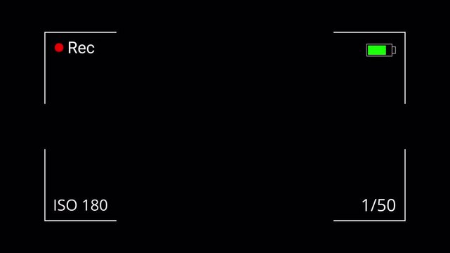 Video camera recorder screen overlay on a transparent background, Recording camera screen interface with alpha channel, Camera recording screen overlay preview in 4k.