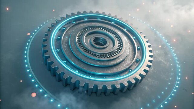 Cinematic Interlocking Gears with Neon Blue Accents on Dark Background - High-Tech Mechanical Concept